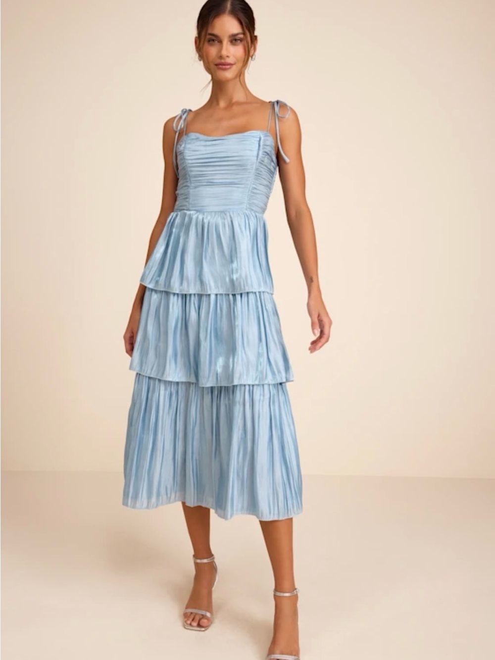 Lulu's Light Blue Tiered Ruffle Midi Dress with Tie Straps